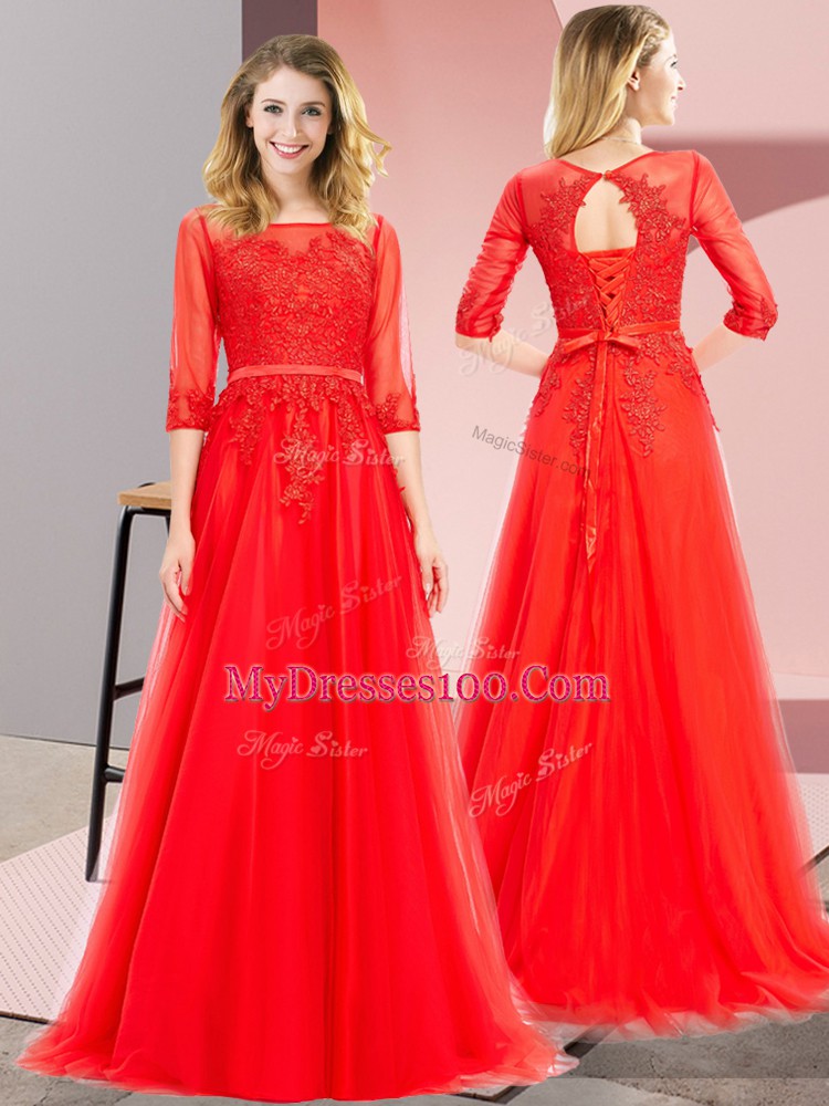 Classical Tulle 3 4 Length Sleeve Floor Length Prom Evening Gown and Lace