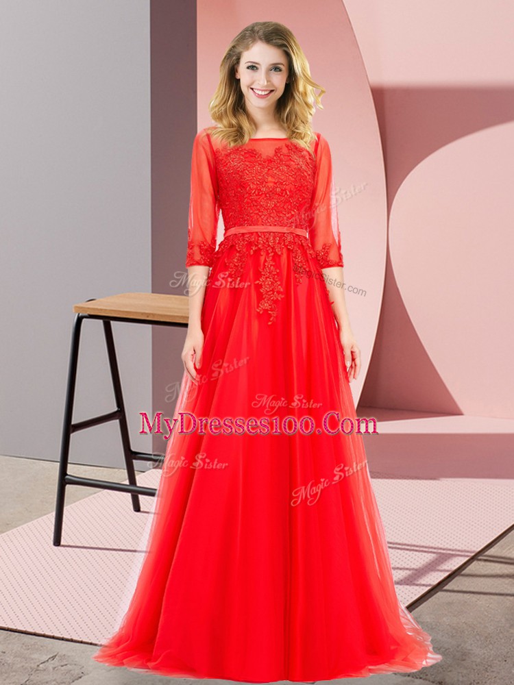 Classical Tulle 3 4 Length Sleeve Floor Length Prom Evening Gown and Lace