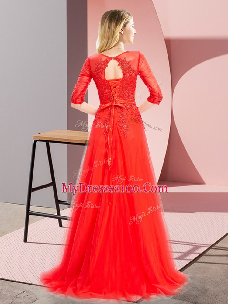 Classical Tulle 3 4 Length Sleeve Floor Length Prom Evening Gown and Lace