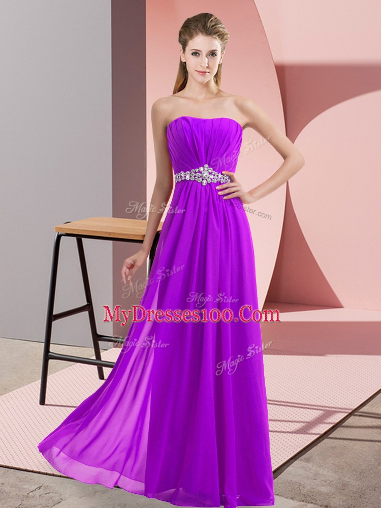 Eggplant Purple Empire Strapless Sleeveless Chiffon Floor Length Lace Up Beading Prom Evening Gown