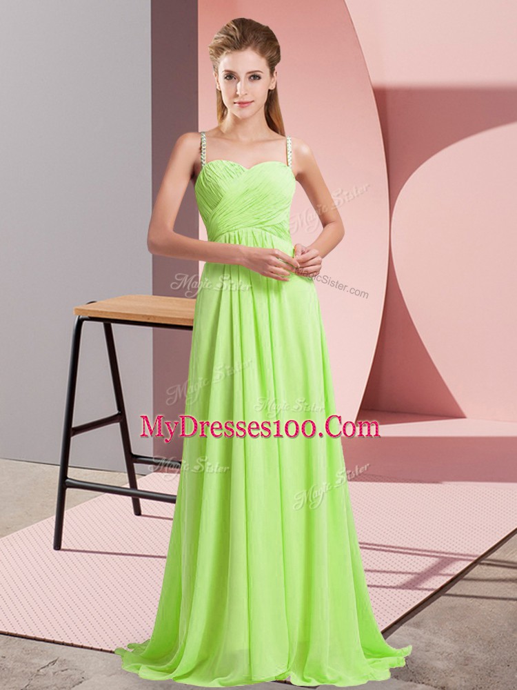 Yellow Green Empire Spaghetti Straps Sleeveless Chiffon Sweep Train Criss Cross Ruching Prom Party Dress