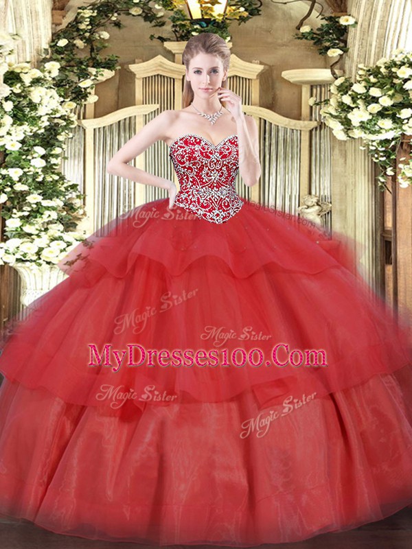 Sweetheart Sleeveless Lace Up Sweet 16 Quinceanera Dress Red Organza