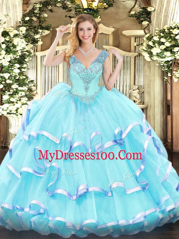Classical Aqua Blue V-neck Lace Up Ruffled Layers Quinceanera Gown Sleeveless