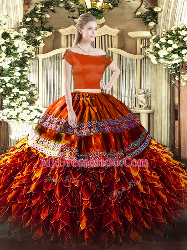 Top Selling Rust Red Short Sleeves Organza Zipper Sweet 16 Quinceanera Dress for Military Ball and Sweet 16 and Quinceanera