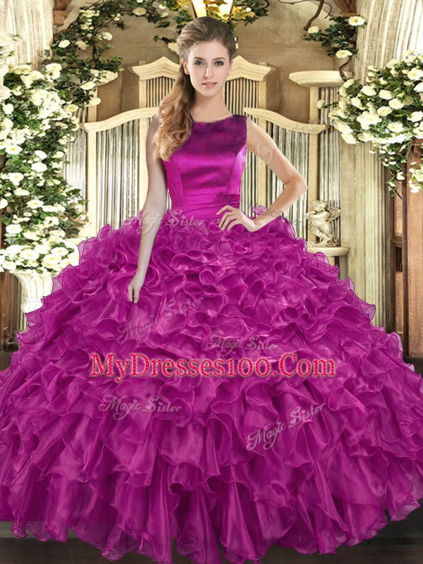 Enchanting Fuchsia Ball Gowns Ruffles Quinceanera Gowns Lace Up Organza Sleeveless Floor Length