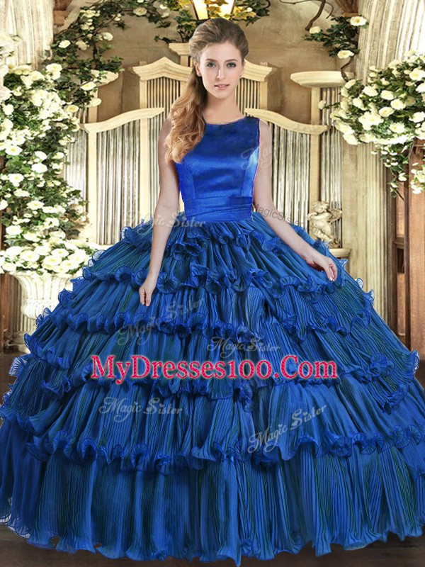 Ruffled Layers Sweet 16 Dress Royal Blue Lace Up Sleeveless Floor Length