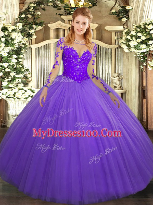 Modern Tulle Long Sleeves Floor Length Sweet 16 Quinceanera Dress and Lace