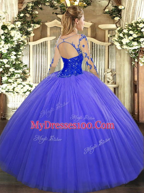 Modern Tulle Long Sleeves Floor Length Sweet 16 Quinceanera Dress and Lace