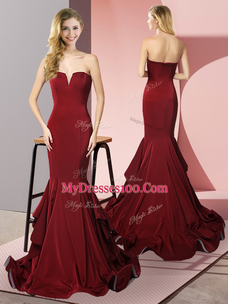 Burgundy Sleeveless Sweep Train Ruffles Evening Dress