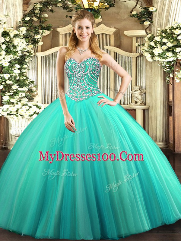 Floor Length Aqua Blue Quinceanera Gown Tulle Sleeveless Beading
