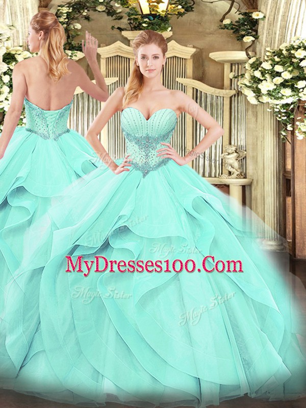 Stylish Aqua Blue Ball Gowns Beading and Ruffles 15th Birthday Dress Lace Up Tulle Sleeveless Floor Length