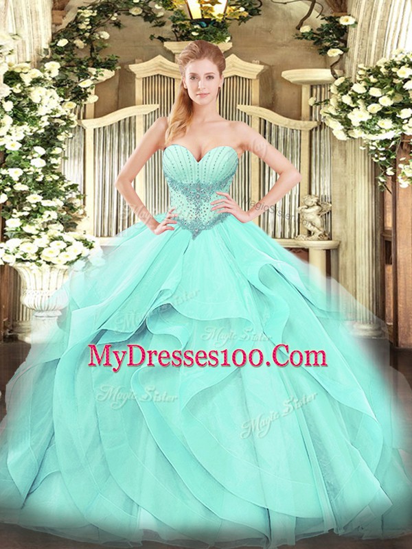 Stylish Aqua Blue Ball Gowns Beading and Ruffles 15th Birthday Dress Lace Up Tulle Sleeveless Floor Length