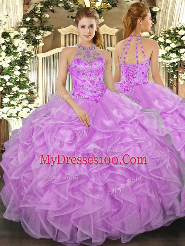 High End Floor Length Lilac 15 Quinceanera Dress Organza Sleeveless Beading and Ruffles