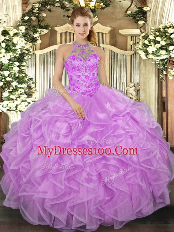 High End Floor Length Lilac 15 Quinceanera Dress Organza Sleeveless Beading and Ruffles
