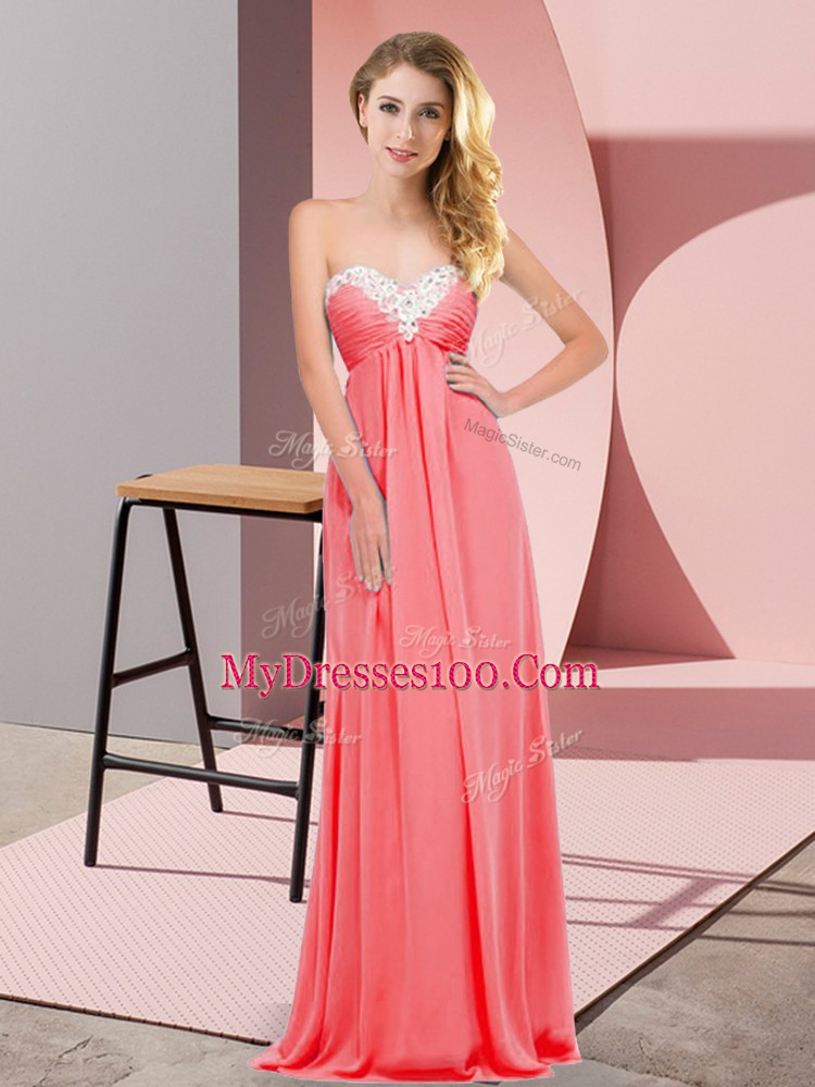 Flirting Sleeveless Floor Length Ruching Lace Up Evening Dress with Watermelon Red