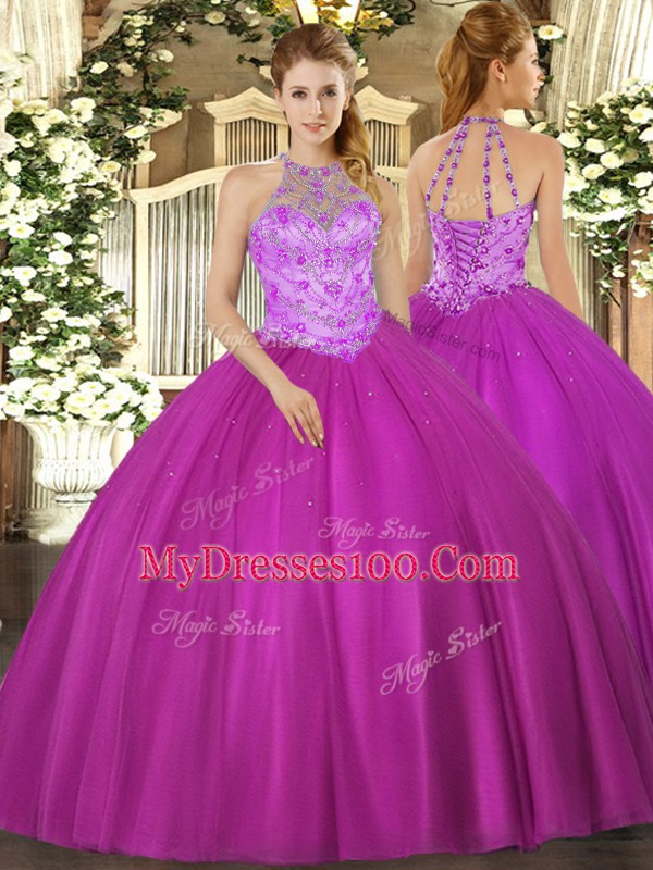 Fuchsia Ball Gowns Satin Halter Top Sleeveless Beading Floor Length Lace Up 15 Quinceanera Dress
