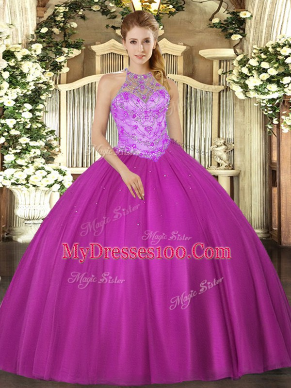 Fuchsia Ball Gowns Satin Halter Top Sleeveless Beading Floor Length Lace Up 15 Quinceanera Dress
