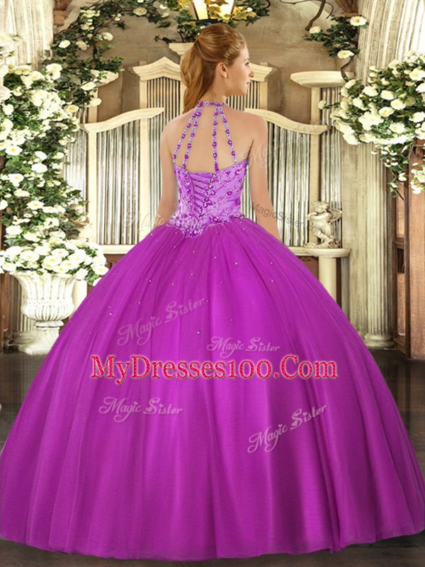 Fuchsia Ball Gowns Satin Halter Top Sleeveless Beading Floor Length Lace Up 15 Quinceanera Dress