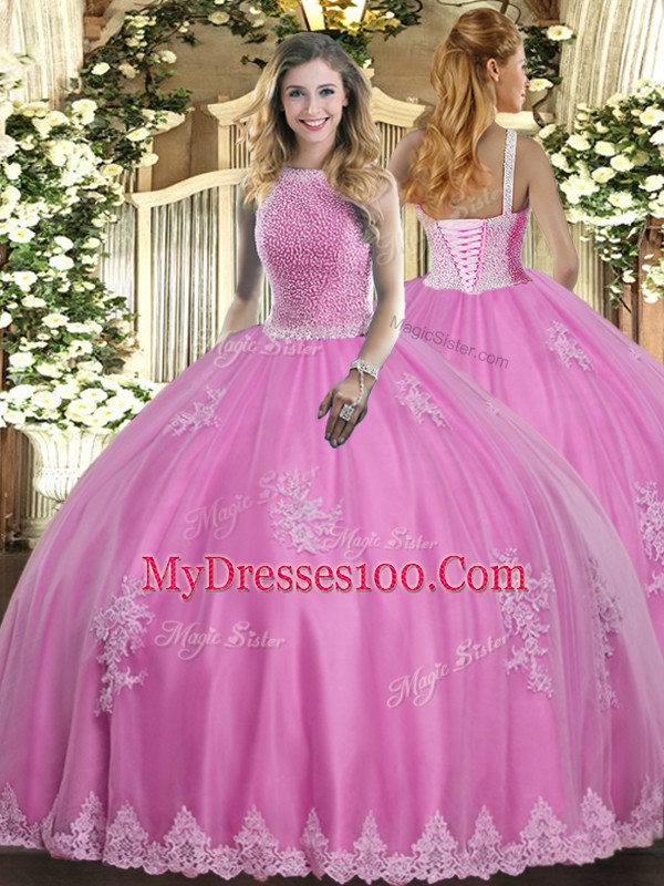 High-neck Sleeveless Quinceanera Gowns Floor Length Beading and Appliques Rose Pink Tulle