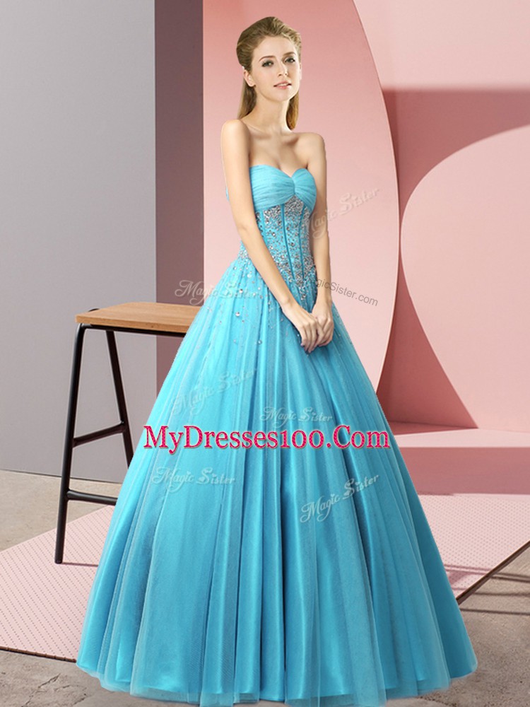 Sweetheart Sleeveless Prom Gown Floor Length Beading Baby Blue Tulle