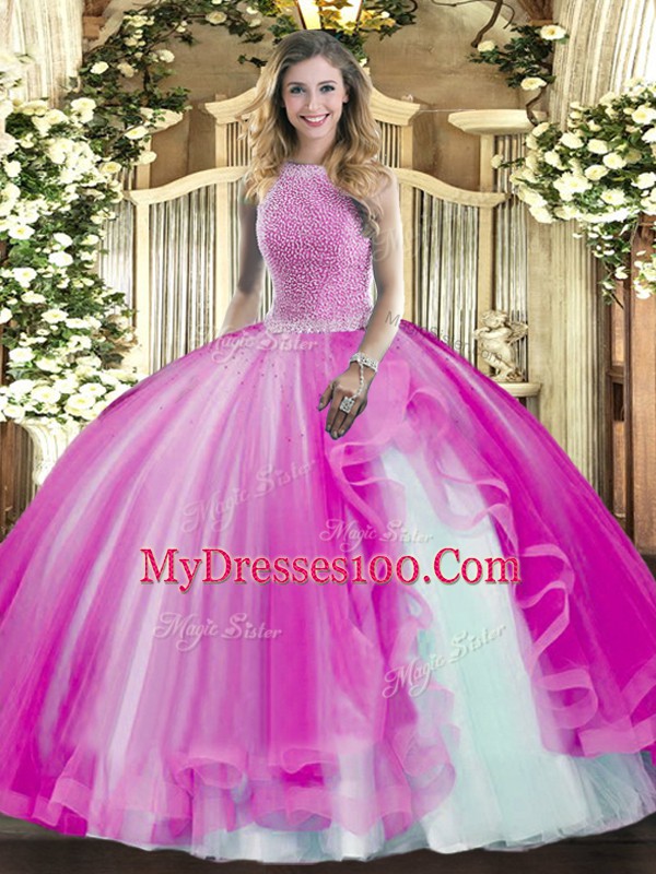 Sweet Fuchsia Sweet 16 Quinceanera Dress Military Ball and Sweet 16 and Quinceanera with Beading and Ruffles High-neck Sleeveless Lace Up