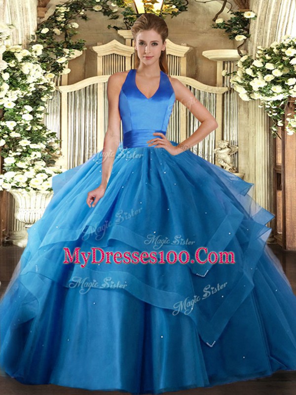 Sleeveless Floor Length Ruffled Layers Lace Up Quinceanera Gown with Blue