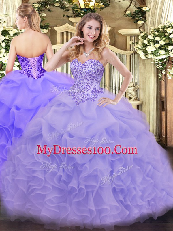 New Arrival Organza Sweetheart Sleeveless Lace Up Appliques and Ruffles Quinceanera Dresses in Lavender