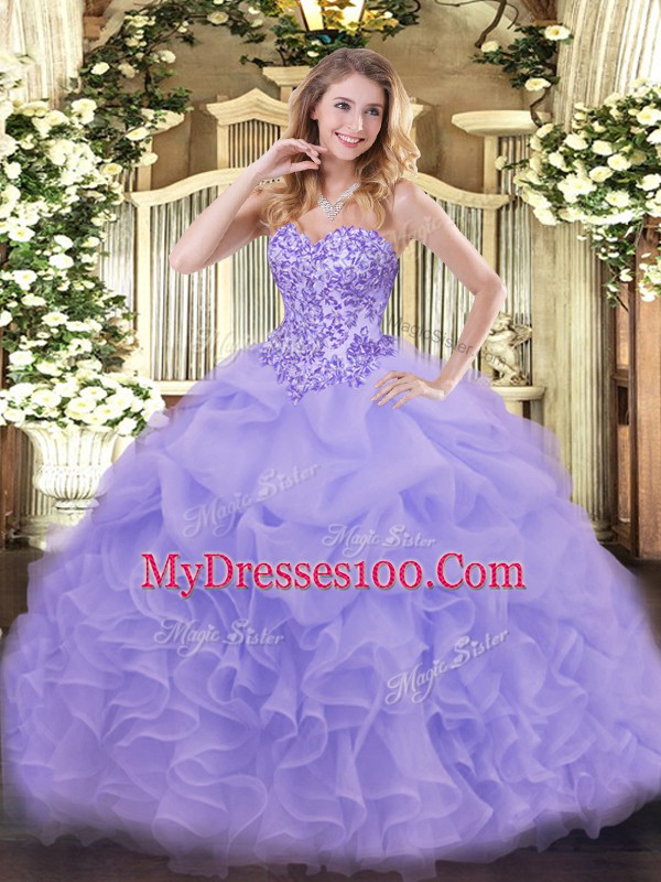 New Arrival Organza Sweetheart Sleeveless Lace Up Appliques and Ruffles Quinceanera Dresses in Lavender