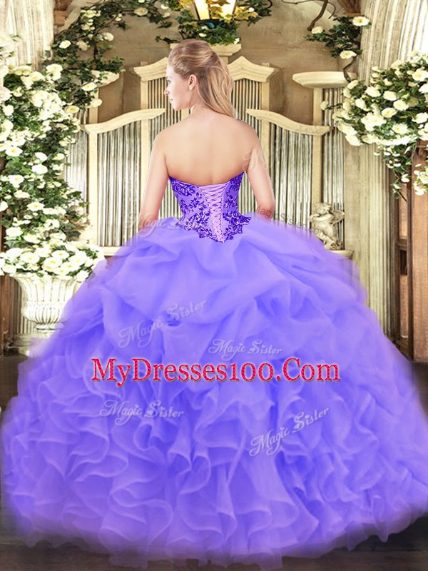 New Arrival Organza Sweetheart Sleeveless Lace Up Appliques and Ruffles Quinceanera Dresses in Lavender