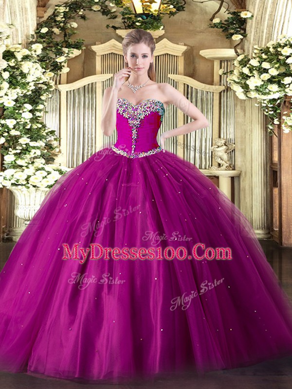 Beauteous Fuchsia Tulle Lace Up Vestidos de Quinceanera Sleeveless Floor Length Beading