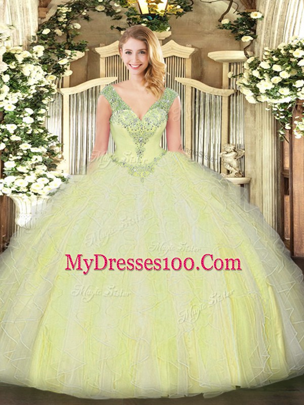Edgy V-neck Sleeveless Lace Up Quinceanera Gown Yellow Green Tulle