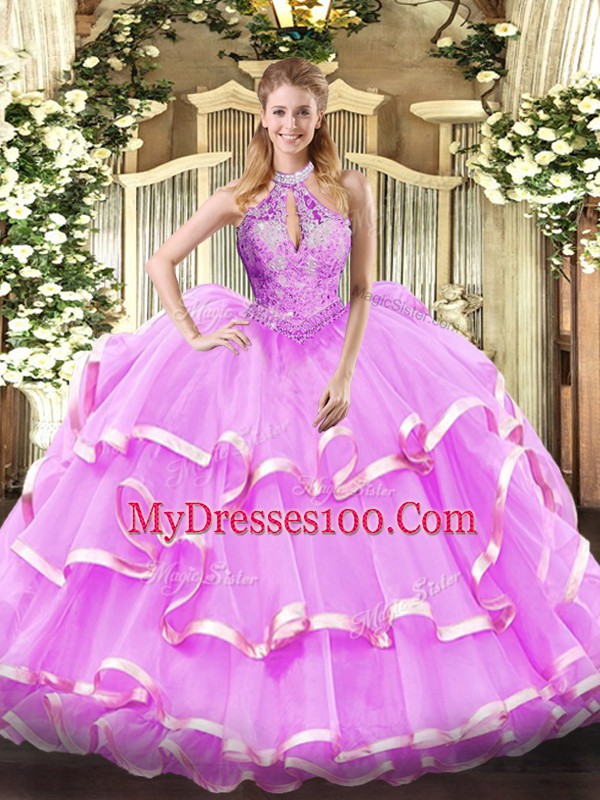 Fashionable Lilac Lace Up Sweet 16 Dress Beading Sleeveless Floor Length
