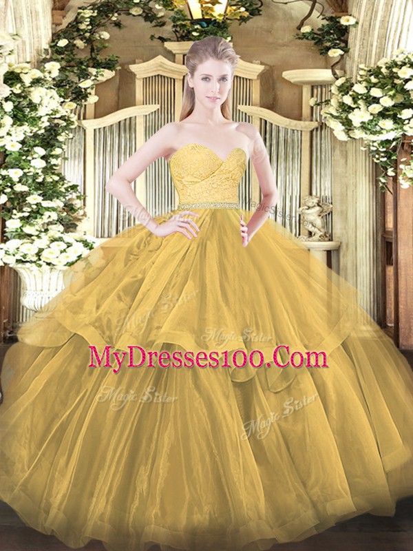 Gold Sweetheart Neckline Beading and Lace and Ruffled Layers Quinceanera Gown Sleeveless Zipper