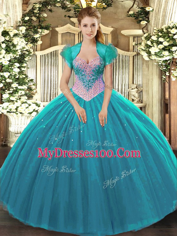 Aqua Blue Lace Up Sweet 16 Quinceanera Dress Beading Sleeveless Floor Length