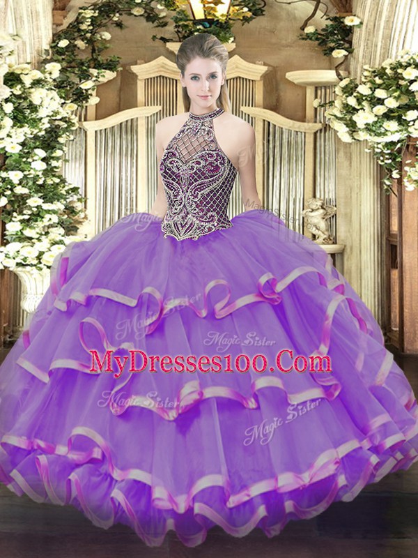Gorgeous Sleeveless Organza Lace Up Sweet 16 Dress in Eggplant Purple with Beading and Ruffles