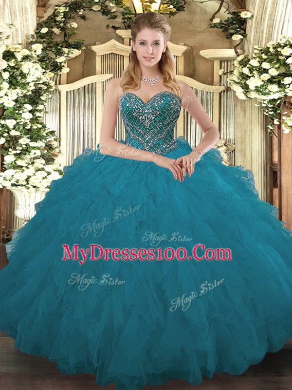 Pretty Sleeveless Floor Length Beading and Ruffled Layers Lace Up Quinceanera Gowns with Teal