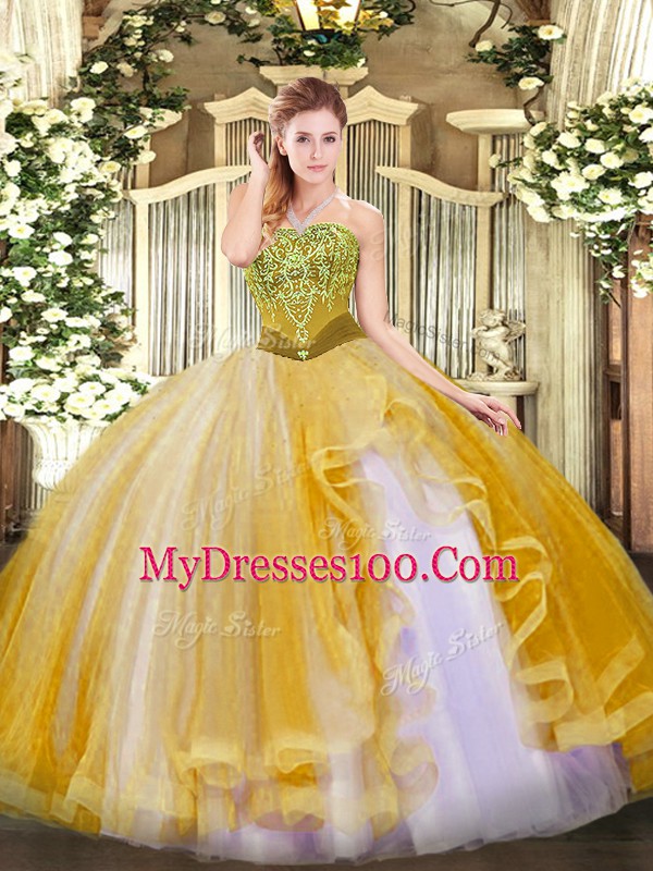 Beading and Ruffles Vestidos de Quinceanera Gold Lace Up Sleeveless Floor Length