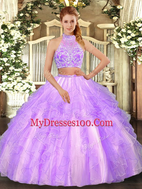 Tulle Halter Top Sleeveless Criss Cross Beading and Ruffled Layers Sweet 16 Dress in Lavender