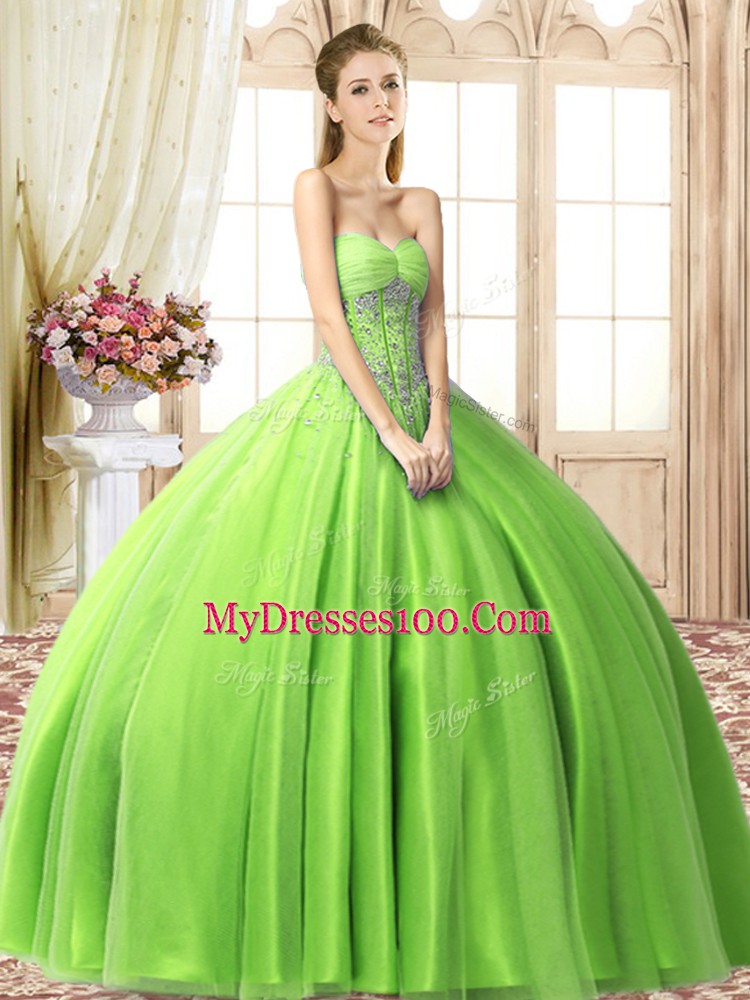 Sleeveless Tulle Floor Length Lace Up 15th Birthday Dress in with Beading