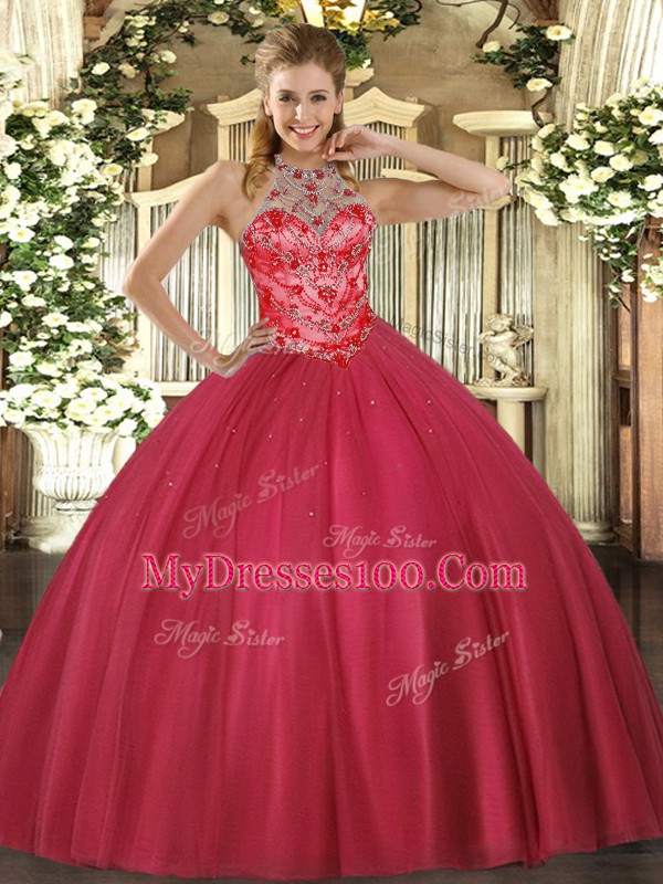 Decent Beading Ball Gown Prom Dress Coral Red Lace Up Sleeveless Floor Length