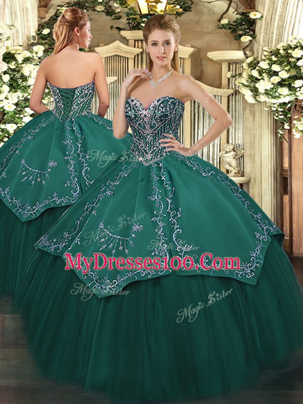 Wonderful Dark Green Lace Up Sweetheart Beading and Embroidery Vestidos de Quinceanera Taffeta and Tulle Sleeveless