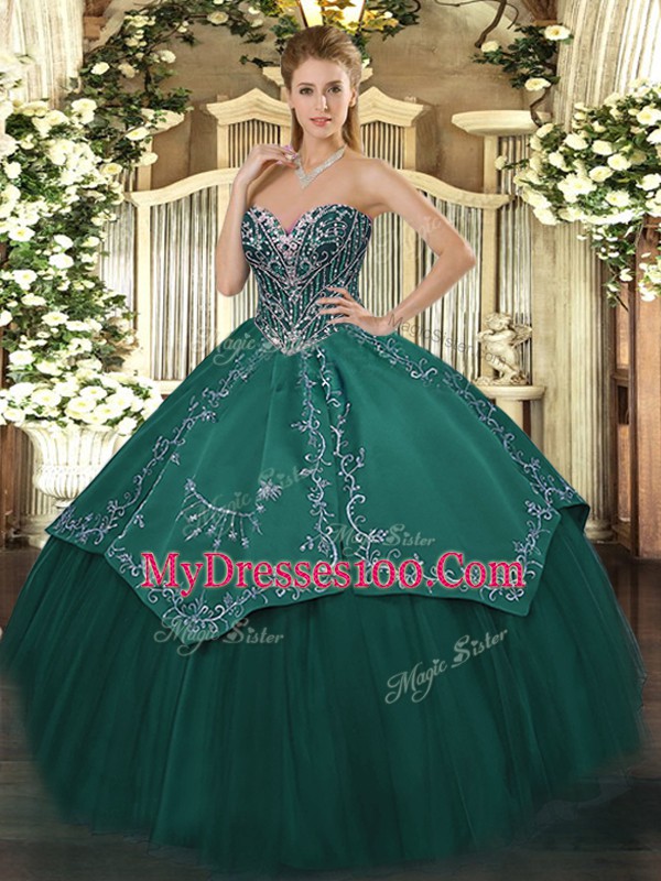 Wonderful Dark Green Lace Up Sweetheart Beading and Embroidery Vestidos de Quinceanera Taffeta and Tulle Sleeveless