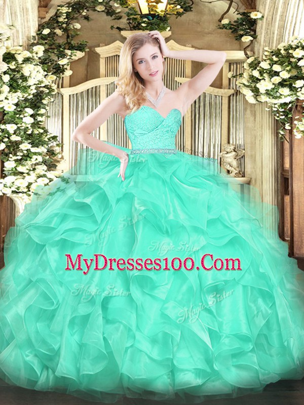 Free and Easy Turquoise Sleeveless Beading and Lace and Ruffles Floor Length Sweet 16 Dresses