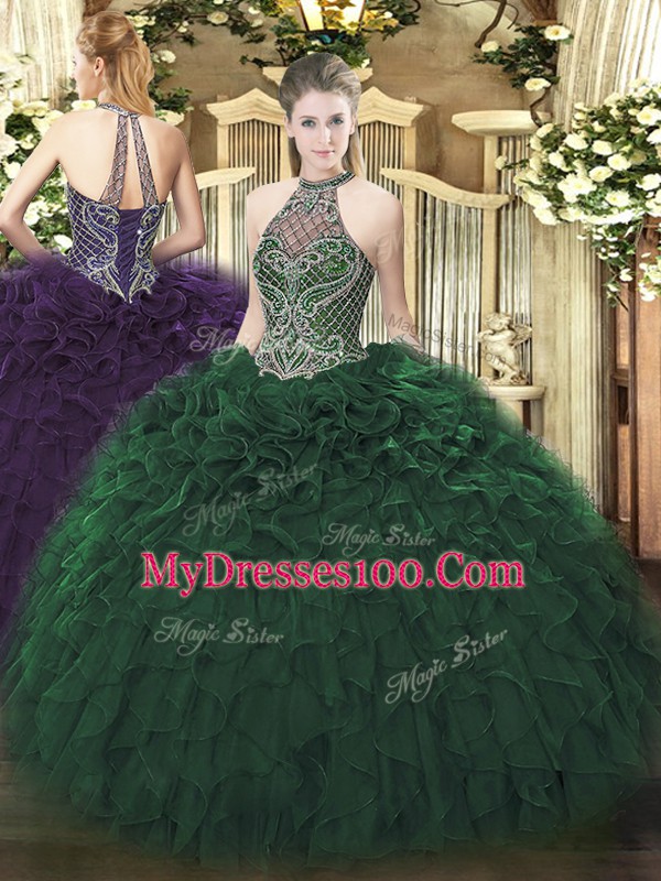Spectacular Dark Green Sleeveless Taffeta Lace Up Quinceanera Gown for Sweet 16 and Quinceanera