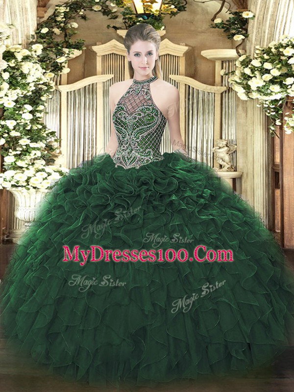 Spectacular Dark Green Sleeveless Taffeta Lace Up Quinceanera Gown for Sweet 16 and Quinceanera