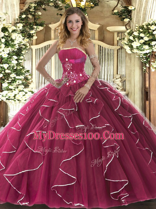Fuchsia Ball Gowns Tulle Strapless Sleeveless Beading and Ruffles Floor Length Lace Up Sweet 16 Quinceanera Dress