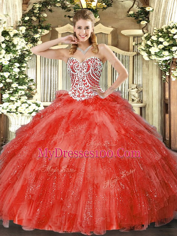 Sleeveless Tulle Floor Length Side Zipper Quinceanera Gowns in Coral Red with Beading and Ruffles