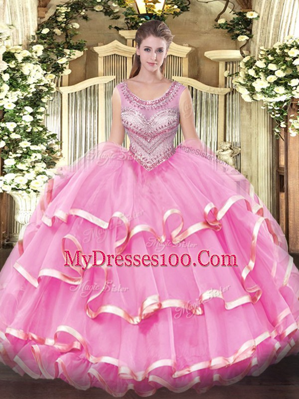 Lilac Lace Up 15 Quinceanera Dress Beading and Ruffles Sleeveless Floor Length