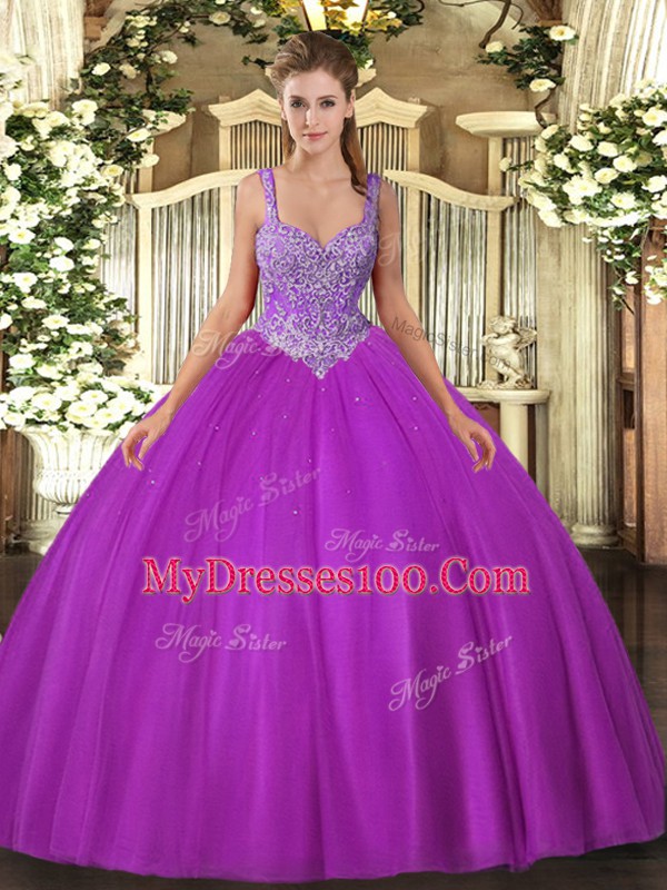 Fuchsia Ball Gowns Tulle V-neck Sleeveless Beading Floor Length Lace Up Sweet 16 Quinceanera Dress