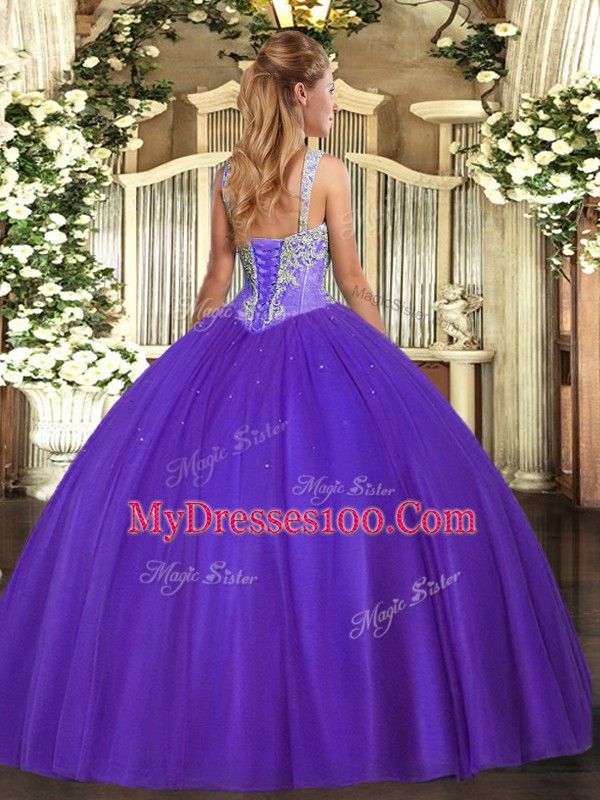 Fuchsia Ball Gowns Tulle V-neck Sleeveless Beading Floor Length Lace Up Sweet 16 Quinceanera Dress
